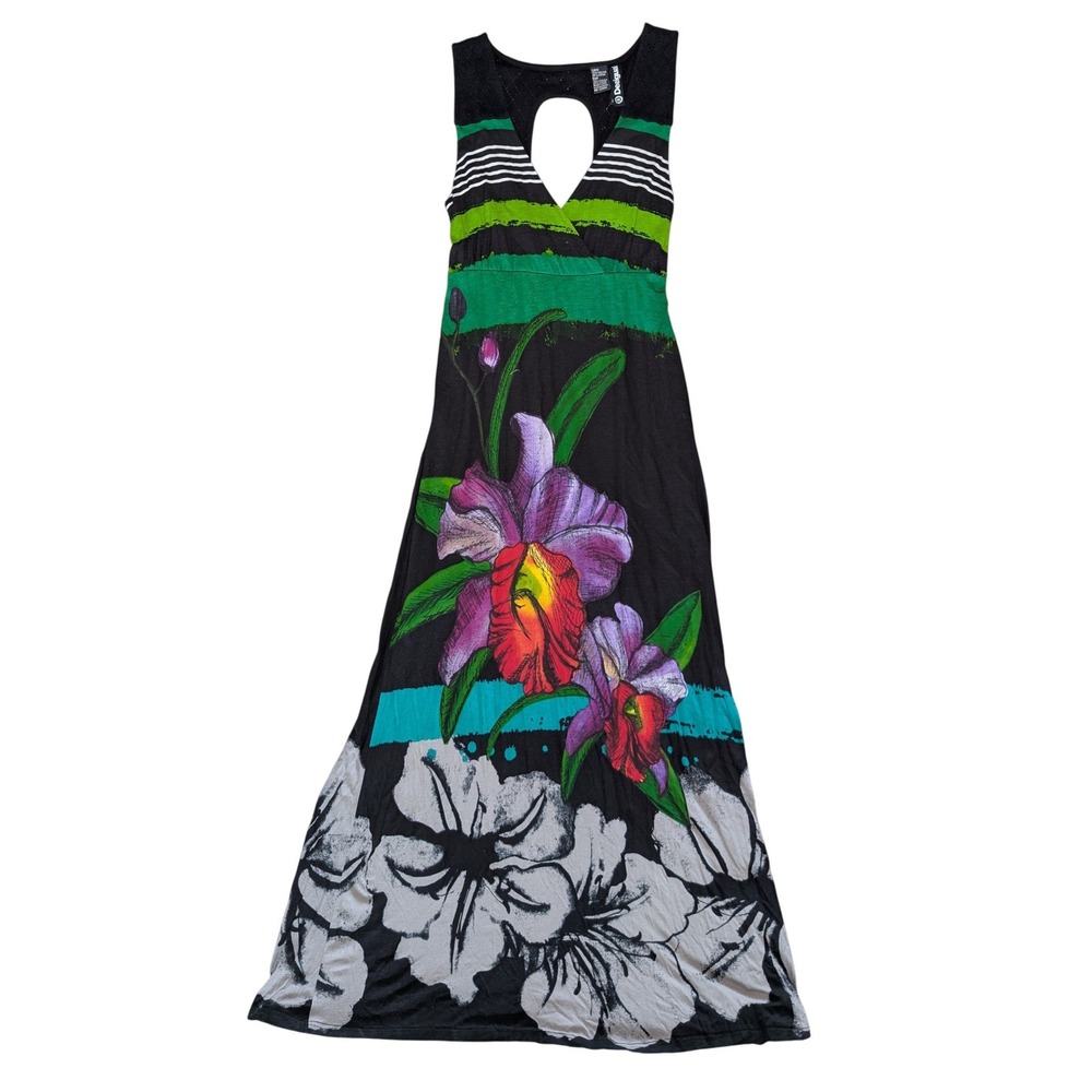 Desigual Medium Black Maxi Dress Tropical Floral Sleeveless